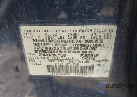 2012 Nissan Sentra 2.0 Sl z USA, uszkodzony, nr VIN 3N1AB6AP8CL715339